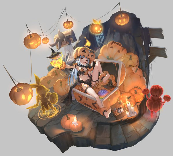 Anime picture 1200x1085 with clover theater observerz single long hair breasts light erotic sitting holding blue hair looking away full body barefoot arm up official art midriff orange eyes outstretched arm glowing finger to mouth halloween