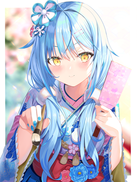 Anime picture 3000x4000 with virtual youtuber hololive yukihana lamy yukihana lamy (2nd costume) mugicho (kdks5554) single long hair tall image looking at viewer blush highres smile twintails yellow eyes blue hair upper body nail polish traditional clothes japanese clothes low twintails