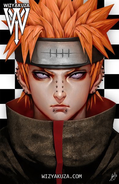 Anime picture 880x1360 with naruto studio pierrot naruto (series) pain (naruto) wizyakuza single tall image looking at viewer short hair signed upper body lips orange hair realistic inscription piercing portrait ear piercing silver eyes checkered