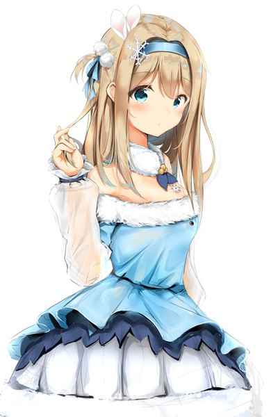 Anime picture 2304x3541 with girls frontline suomi kp31 (girls frontline) sashima single long hair tall image looking at viewer blush fringe highres blue eyes simple background blonde hair hair between eyes white background bare shoulders fur trim one side up girl dress