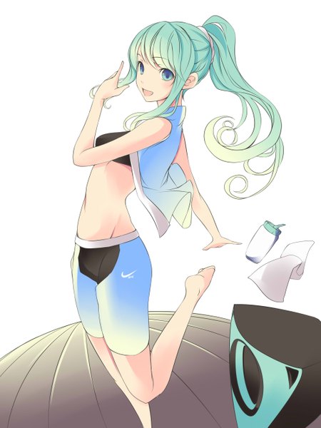 Anime-Bild 2000x2666 mit original faefaea single long hair tall image highres open mouth ponytail barefoot aqua eyes aqua hair midriff girl uniform gym uniform