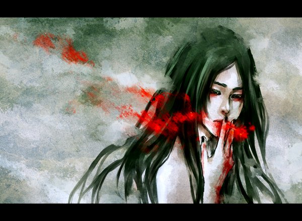 Anime picture 1300x950 with nanfe single long hair black hair simple background bare shoulders nail polish multicolored hair green hair black eyes two-tone hair letterboxed blood