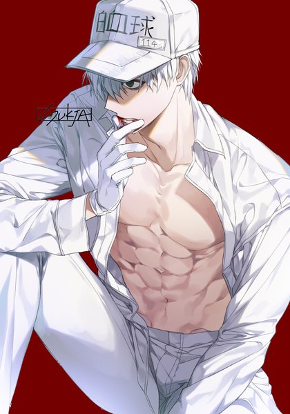 Anime picture 700x1000 with hataraku saibou david production white blood cell (hataraku saibou) u-1146 sorolp single tall image fringe short hair light erotic simple background sitting signed looking away bent knee (knees) white hair black eyes hair over one eye open shirt finger to mouth