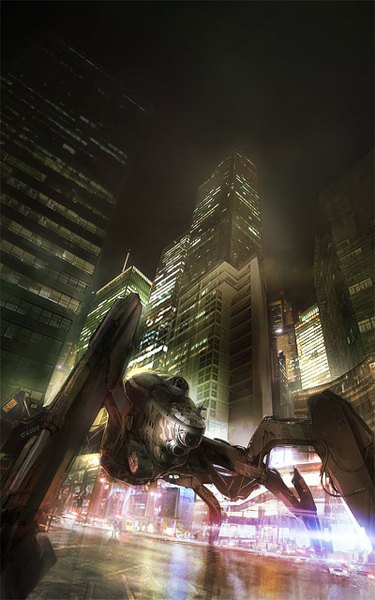 Anime picture 800x1280 with ghost in the shell production i.g alex figini tall image outdoors night night sky city city lights street building (buildings) robot skyscraper