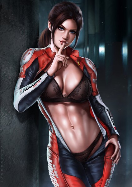 Anime picture 3508x4961 with resident evil claire redfield dandon fuga single long hair tall image looking at viewer blush fringe highres breasts blue eyes light erotic brown hair large breasts standing signed payot absurdres cleavage