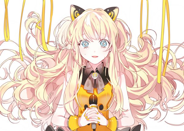 Anime picture 800x571 with vocaloid seeu piyo (ppotatto) single long hair looking at viewer blush fringe open mouth blue eyes simple background blonde hair white background animal ears nail polish :d cat ears two side up sleeveless tears