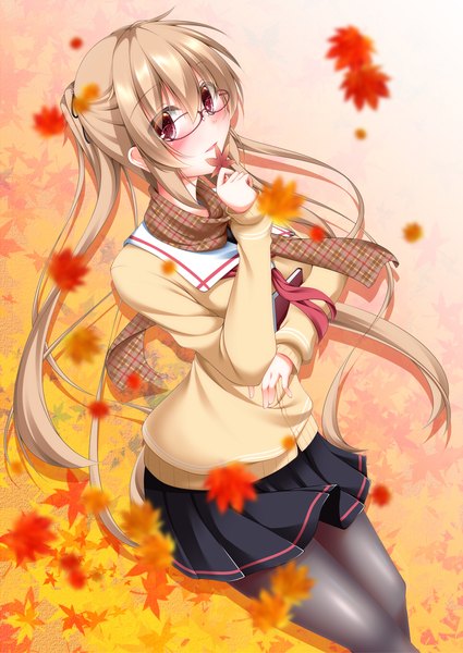 Anime picture 1002x1416 with kantai collection murasame destroyer narukami ginryuu single long hair tall image looking at viewer blush red eyes brown hair twintails girl skirt uniform school uniform pantyhose glasses leaf (leaves) maple leaf