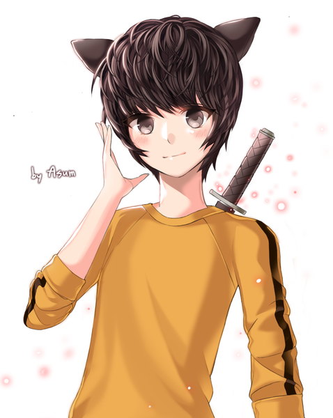 Anime picture 1140x1432 with blade & soul lyn (blade & soul) asum single tall image looking at viewer blush short hair black hair simple background smile animal ears grey eyes boy weapon sword katana clothes