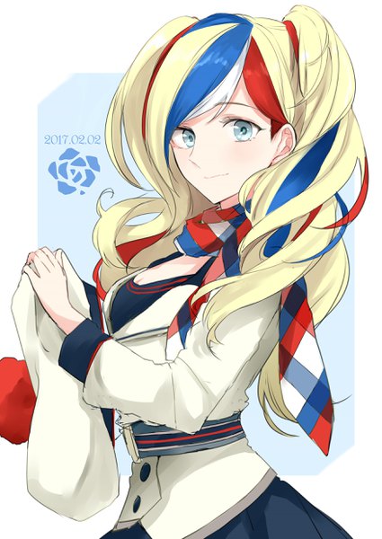 Anime picture 1756x2479 with kantai collection commandant teste (kantai collection) morinaga (harumori) single long hair tall image looking at viewer highres blue eyes blonde hair smile twintails upper body multicolored hair streaked hair dated alternate hairstyle hat removed headwear removed twintails day