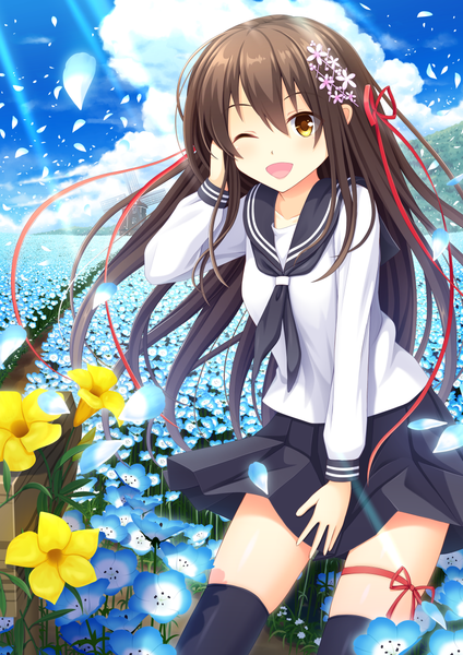 Anime picture 905x1280 with original iwamoto sora single long hair tall image looking at viewer blush fringe open mouth hair between eyes brown hair standing yellow eyes sky cloud (clouds) outdoors long sleeves one eye closed hair flower wind