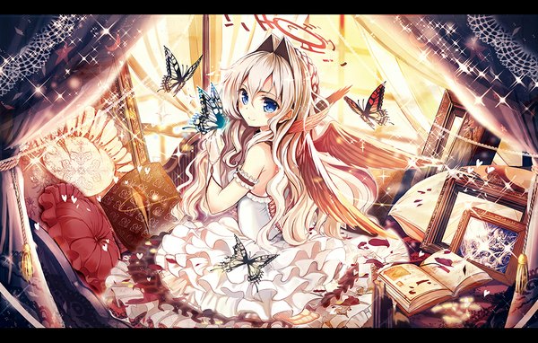 Anime picture 1000x638 with original akabane (zebrasmise) single long hair blush blue eyes smile wide image white hair letterboxed butterfly on hand girl dress wings frills book (books) insect butterfly picture