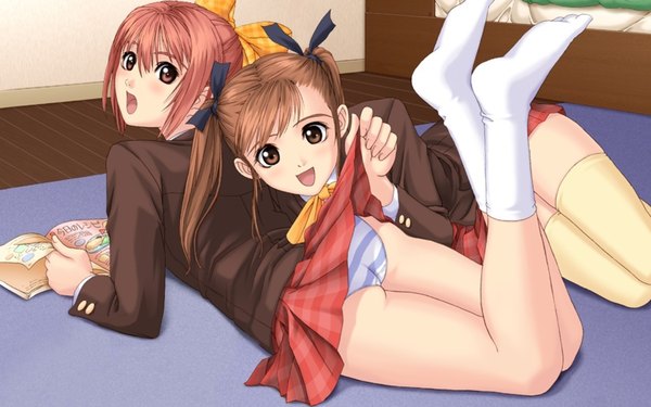 Anime picture 1680x1050 with partner tony taka blush open mouth light erotic brown hair wide image twintails multiple girls brown eyes red hair pantyshot girl thighhighs uniform underwear panties bow ribbon (ribbons) 2 girls
