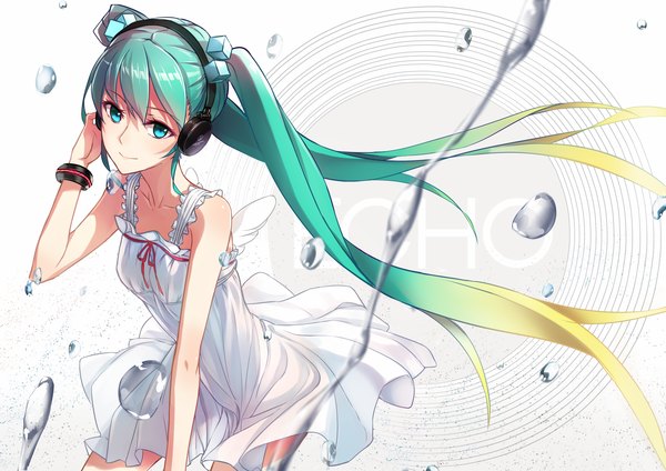 Anime picture 1412x1000 with vocaloid hatsune miku phantania single looking at viewer twintails very long hair multicolored hair aqua eyes aqua hair two-tone hair girl dress bracelet headphones sundress bubble (bubbles)