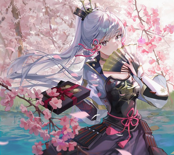 Anime picture 2000x1781 with genshin impact kamisato ayaka buri (retty9349) single long hair looking at viewer blush fringe highres silver hair outdoors ponytail wind cherry blossoms covered mouth valentine river girl flower (flowers) plant (plants)
