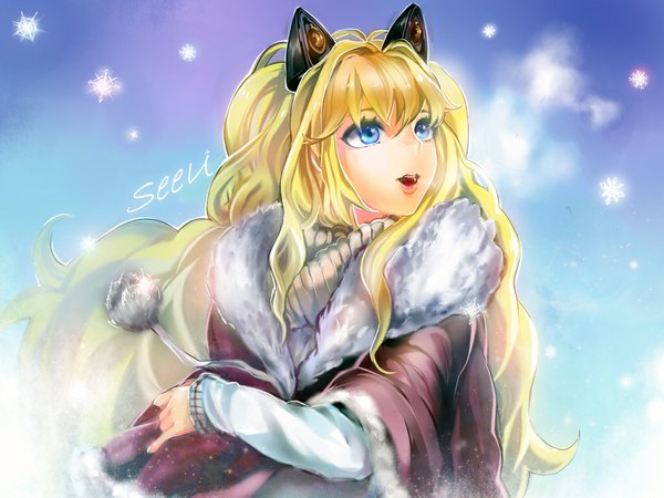 Anime picture 1024x768 with vocaloid seeu eunice single long hair fringe open mouth blue eyes blonde hair animal ears looking away upper body wallpaper fur trim character names fake animal ears winter exhalation girl fur
