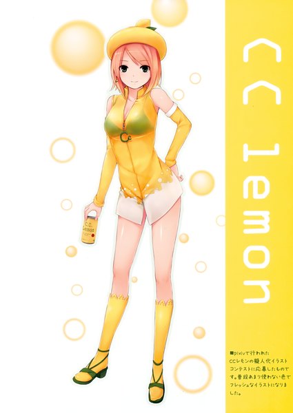 Anime picture 2479x3500 with original c.c. lemon c.c. lemon (character) coffee-kizoku single tall image highres short hair blue eyes pink hair scan girl dress hat detached sleeves socks