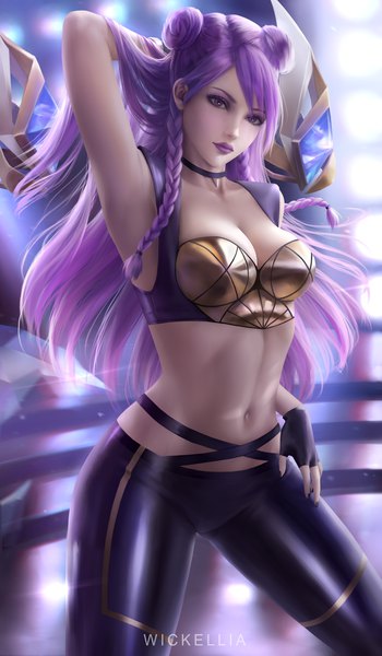 Anime picture 3500x6000 with league of legends k/da (league of legends) kai'sa k/da kai'sa wickellia single long hair tall image fringe highres breasts light erotic standing purple eyes signed looking away absurdres cleavage purple hair braid (braids)