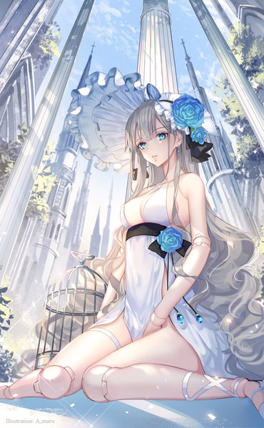 Anime picture 2582x4180 with original unity (ekvmsp02) single long hair tall image looking at viewer blush fringe highres breasts blue eyes light erotic large breasts sitting signed sky silver hair cloud (clouds) outdoors parted lips