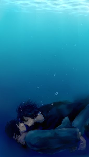 Anime picture 1200x2100 with durarara!! brains base (studio) orihara izaya ryuugamine mikado mochi mocchi tall image short hair red eyes purple hair blue background underwater shounen ai almost kiss bubble (bubbles)