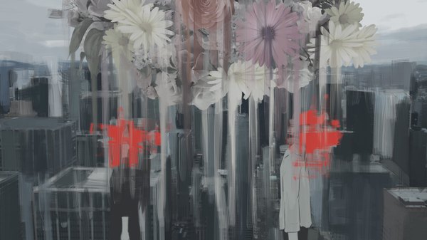 Anime picture 1280x720 with original avogado6 long hair short hair black hair wide image standing city cityscape girl boy flower (flowers)