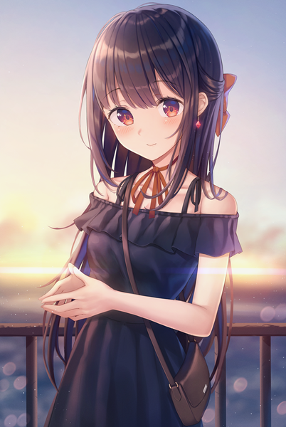 Anime picture 738x1100 with original kawami nami single long hair tall image looking at viewer blush fringe smile red eyes brown hair standing payot sky off shoulder depth of field lens flare evening sunset half updo