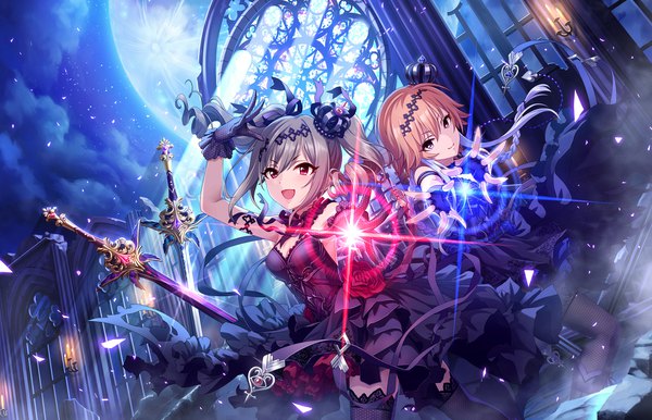 Anime picture 1280x824 with idolmaster idolmaster cinderella girls idolmaster cinderella girls starlight stage kanzaki ranko ninomiya asuka long hair looking at viewer open mouth red eyes purple eyes twintails multiple girls purple hair multicolored hair grey hair orange hair two-tone hair official art drill hair light