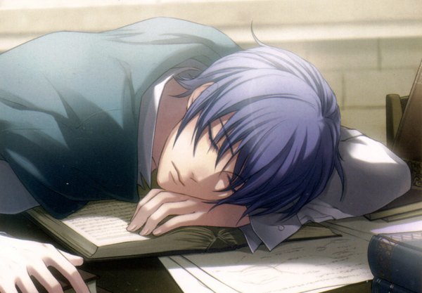 Anime picture 1655x1152 with wand of fortune idea factory julius fortner usuba kagerou single short hair blue hair indoors eyes closed scan sleeping boy book (books)