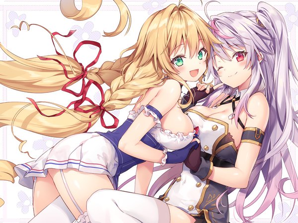 Anime picture 1000x749 with azur lane le temeraire (azur lane) grenville (azur lane) riichu long hair looking at viewer blush breasts open mouth light erotic blonde hair smile red eyes white background multiple girls green eyes purple hair ahoge braid (braids) very long hair