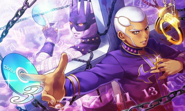 Anime picture 1328x800 with jojo no kimyou na bouken enrico pucci whitesnake (stand) tetsukuzu tetsuko looking at viewer short hair smile wide image yellow eyes white hair boy chain mask cross handcuffs cd