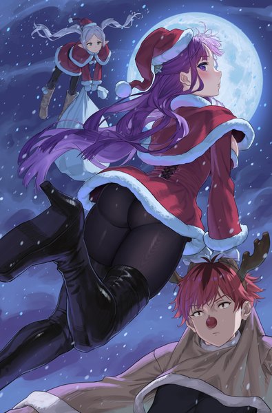 Anime picture 2260x3436 with sousou no frieren frieren fern (sousou no frieren) stark (sousou no frieren) sinad aruatjanapat tall image looking at viewer highres light erotic red eyes purple eyes twintails multiple girls green eyes silver hair purple hair ass red hair long sleeves pointy ears