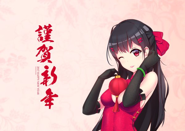 Anime picture 3507x2480 with original violet (eightonemini) single long hair looking at viewer highres breasts open mouth light erotic black hair smile red eyes large breasts absurdres cleavage upper body traditional clothes one eye closed wink chinese clothes
