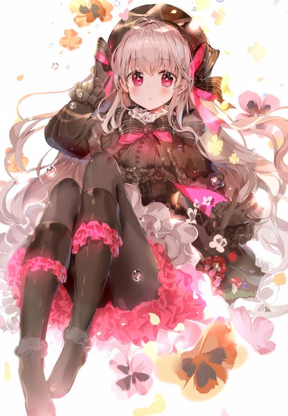 Anime picture 1248x1800 with fate (series) fate/extra nursery rhyme (fate/extra) b rock single long hair tall image looking at viewer blush fringe simple background white background sitting twintails payot silver hair full body bent knee (knees) pink eyes :o