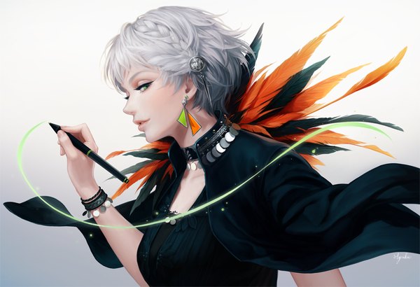 Anime picture 800x547 with original suda ayaka single looking at viewer short hair simple background green eyes signed braid (braids) grey hair gradient background drawing girl hair ornament earrings choker feather (feathers) mantle pen