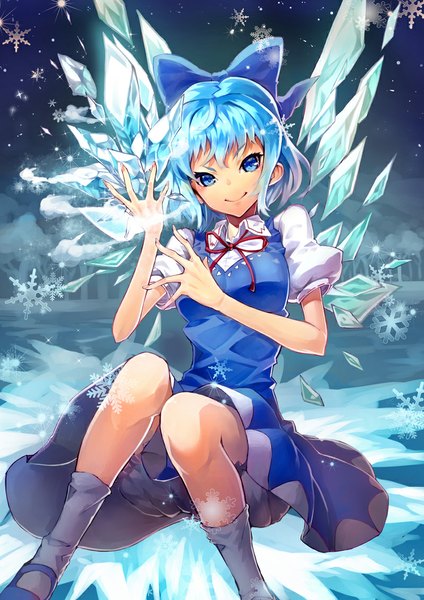 Anime picture 800x1131 with touhou cirno scottie (phantom2) single tall image looking at viewer fringe short hair blue eyes smile sitting blue hair magic snowing girl dress bow hair bow wings socks