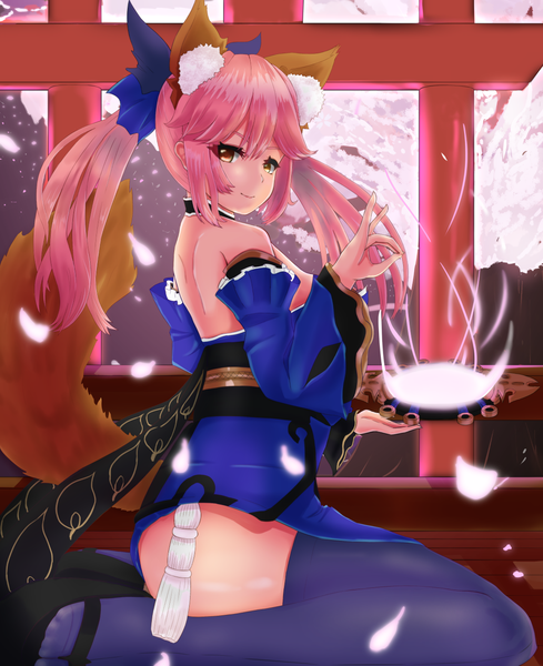 Anime picture 1158x1419 with fate (series) fate/grand order tamamo (fate) (all) tamamo no mae (fate) bizen kurage single long hair tall image looking at viewer fringe light erotic smile hair between eyes sitting twintails brown eyes animal ears pink hair tail traditional clothes