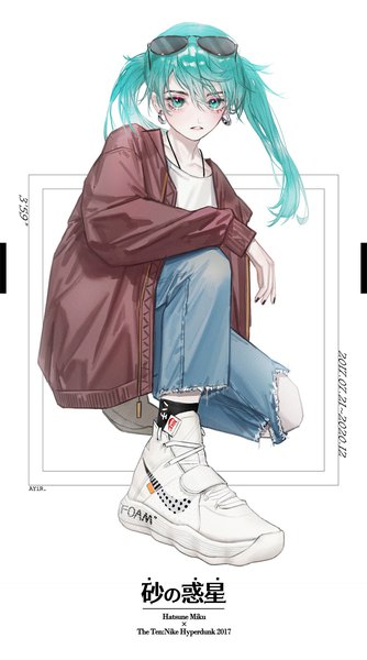 Anime picture 836x1500 with vocaloid nike suna no wakusei (vocaloid) hatsune miku ange-yi single long hair tall image looking at viewer fringe hair between eyes white background twintails full body nail polish aqua eyes aqua hair open jacket character names squat