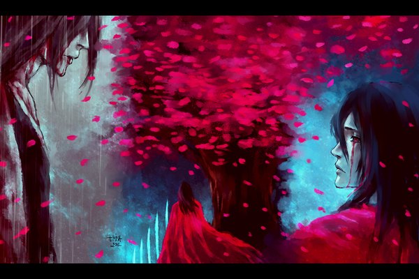 Anime picture 1500x1000 with bleach studio pierrot kuchiki byakuya nanfe long hair black hair red eyes signed profile from behind letterboxed rain bloody tears boy plant (plants) petals tree (trees) blood cape