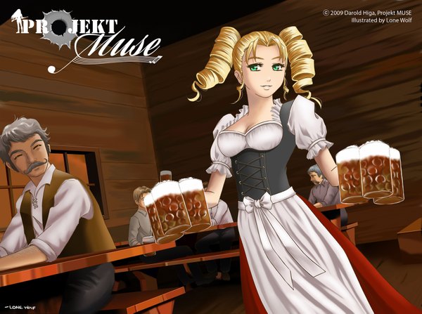 Anime picture 1573x1173 with blonde hair twintails green eyes traditional clothes waitress curly hair german clothes girl apron alcohol beer projekt muse