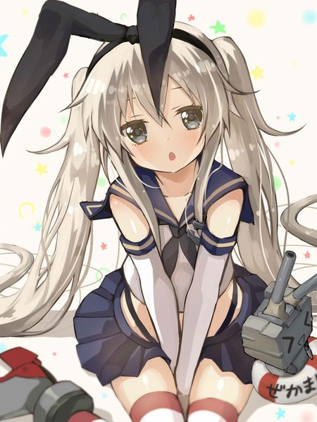 Anime picture 825x1100 with kantai collection shimakaze destroyer rensouhou-chan yano mitsuki long hair tall image looking at viewer fringe open mouth sitting twintails bent knee (knees) pleated skirt grey hair black eyes grey eyes girl thighhighs skirt gloves