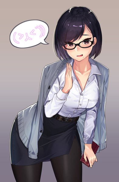 Anime picture 1336x2046 with original kagematsuri single tall image looking at viewer blush fringe short hair breasts open mouth black hair simple background standing holding brown eyes cleavage mole leaning leaning forward gradient background