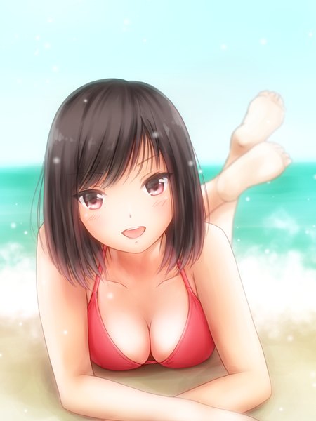 Anime picture 600x800 with original sakinate single tall image looking at viewer blush fringe short hair breasts open mouth light erotic smile red eyes brown hair bare shoulders sky cleavage outdoors lying head tilt