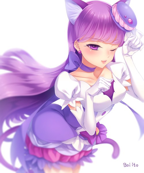 Anime picture 1000x1200 with precure kirakira precure a la mode toei animation kotozume yukari cure macaron aoi itou single tall image blush simple background white background purple eyes signed animal ears purple hair very long hair one eye closed from above wink cat ears