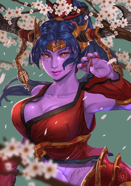 Anime picture 1000x1415 with league of legends shyvana (league of legends) supullim single long hair tall image looking at viewer breasts light erotic large breasts blue hair nail polish horn (horns) fingernails lips orange eyes erect nipples lipstick covered nipples long fingernails