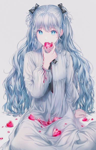 Anime picture 1100x1717 with original lium single long hair tall image looking at viewer fringe open mouth blue eyes simple background hair between eyes sitting holding payot silver hair long sleeves grey background arm support two side up symbol-shaped pupils