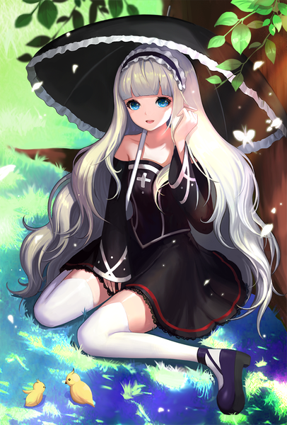 Anime picture 800x1181 with dungeon and fighter phonic single long hair tall image looking at viewer blush fringe open mouth blue eyes smile sitting bare shoulders full body bent knee (knees) outdoors white hair blunt bangs long sleeves from above