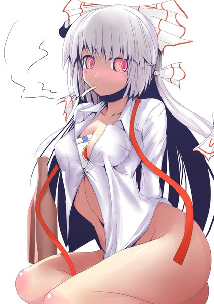 Anime picture 2893x4092 with touhou fujiwara no mokou mokujinn single long hair tall image blush highres breasts light erotic simple background red eyes white background silver hair open clothes open shirt smoking girl navel bow