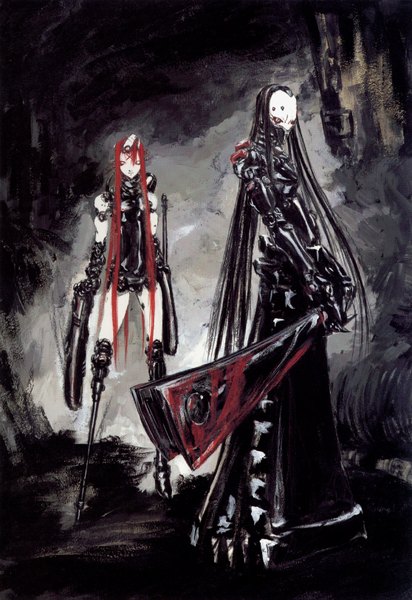 Anime picture 1116x1623 with blame! nihei tsutomu long hair tall image black hair red hair legs dark background girl weapon sword skull