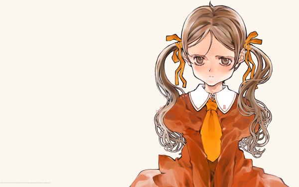 Anime picture 1920x1200 with shirotsume souwa littlewitch sayu (shirotsume souwa) oyari ashito single long hair highres simple background brown hair wide image twintails brown eyes yellow background girl ribbon (ribbons) hair ribbon necktie