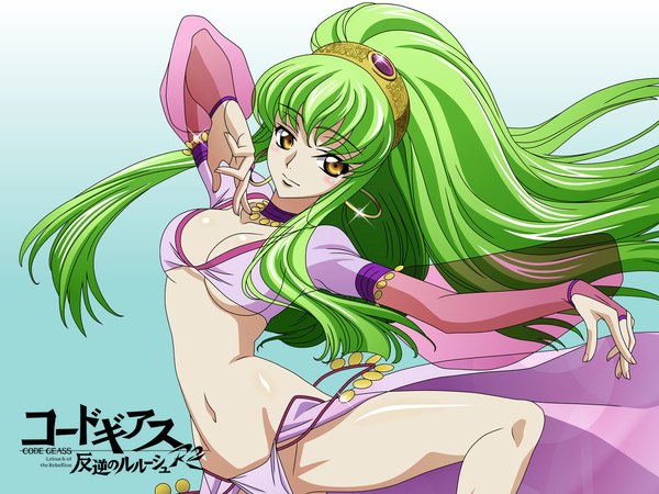 Anime picture 1600x1200 with code geass sunrise (studio) c.c. single long hair fringe breasts light erotic simple background smile yellow eyes payot cleavage long sleeves green hair wallpaper vector dancing girl navel