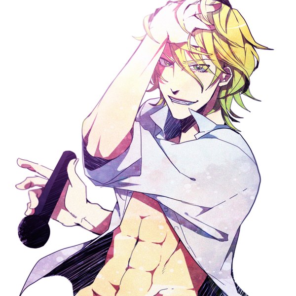 Anime picture 1500x1500 with uta no prince-sama a-1 pictures shinomiya satsuki tanaca single short hair simple background blonde hair smile white background green eyes open clothes open shirt muscle boy shirt microphone